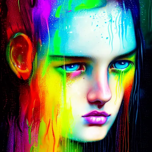 Prompt: portrait of girl in colored psychedelic rain with wet hair and face, fantasy, intricate, elegant, dramatic lighting, elated emotion, highly detailed, lifelike, photorealistic, digital painting, artstation, concept art, smooth, sharp focus, illustration, art by John Collier and Albert Aublet and Krenz Cushart and Artem Demura and Alphonse Mucha