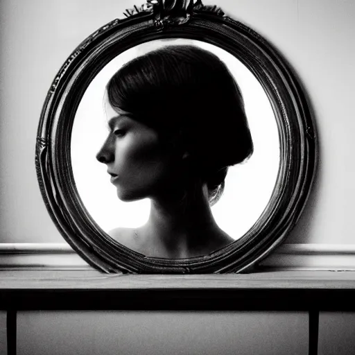 Image similar to masterpiece portrait of a beautiful woman looking at her reflection in front of a cracked mirror, beautiful face, fashion photography, elegant furniture, cracked reflection, mirror, cracks