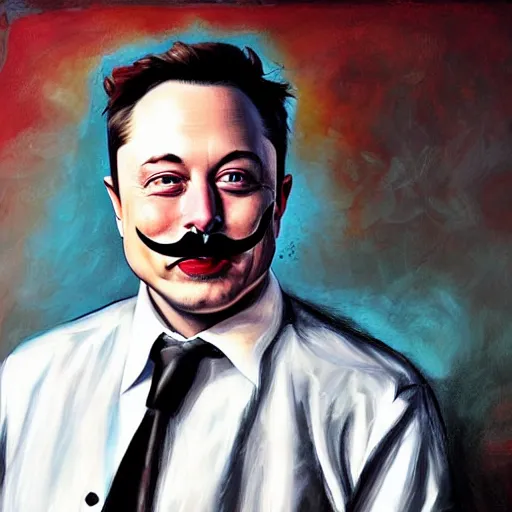 Image similar to grim-hatter elon musk with evil mustache grinning, cinematic, dark oil paint, realistic flavor, decaying rich colors!, photograph by elon musk