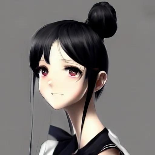 Image similar to astonishing portrait of a very beautiful anime high-school girl with black hair ponytail, white ribbon, full perfect face, realistic, highly detailed background, artstation, 120 degree view, drawn by Sasoura, Satchely and Akihiko Yoshida, no distortion