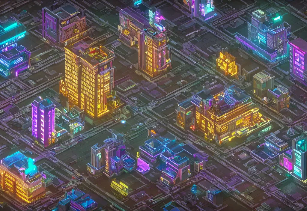 Image similar to isometric voxel art cyberpunk city highly detailed mansion at night award winning c4d
