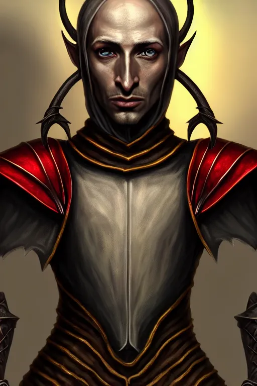 Image similar to hyperrealistic morrowind dunmer male nerevarine in front of a silk strider, 3 / 4 portrait, symmetrical face, handsome face, full body dnd character portrait, medieval armor, morrowind armor, oblivion armor, skyrim armor, eso armor, intricate, highly detailed, elegant, 4 k, artstation, deviantart