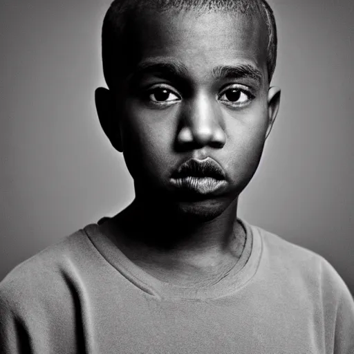 Image similar to the face of young kanye west wearing yeezy clothing at 1 2 years old, black and white portrait by julia cameron, chiaroscuro lighting, shallow depth of field, 8 0 mm, f 1. 8