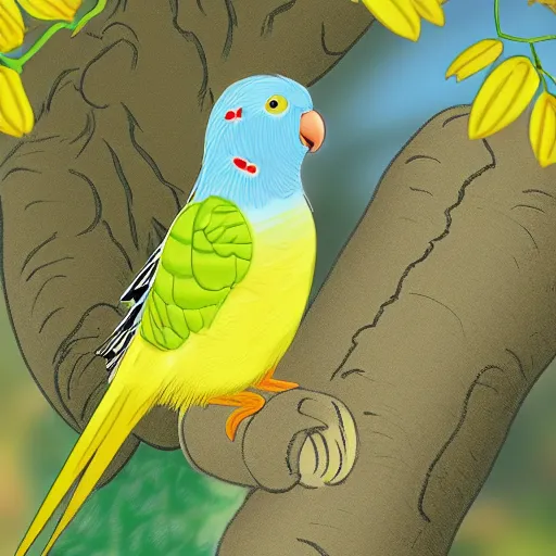 Image similar to Winnie the Pooh as a parakeet, budgie bird, high resolution photo