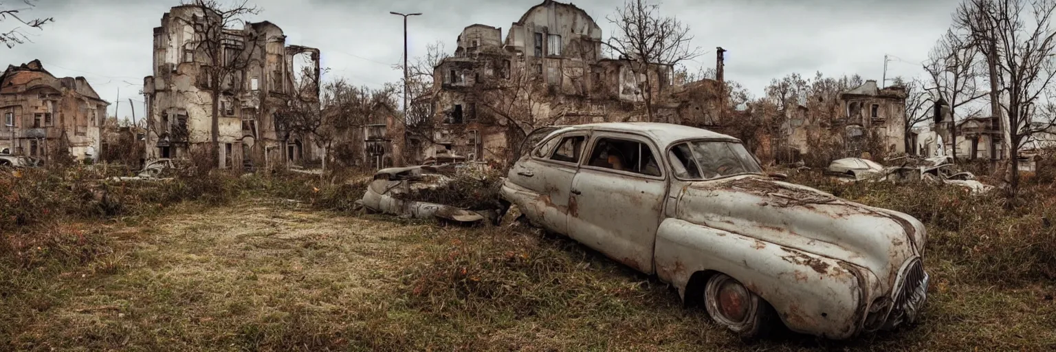 Image similar to low wide angle shot of dilapidated fallout 5 europa, retro futuristic overgrown euro rural town, desolate, dilapidated houses, few rusted retro futuristic vintage parked vehicles like cars, volumetric lighting, photorealistic, daytime, autumn, cold sunny weather, sharp focus, ultra detailed, 4 1 0 0 k