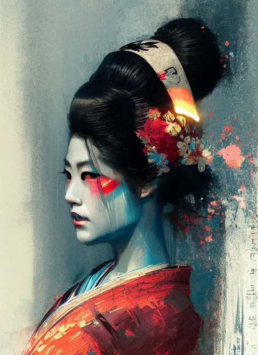 Image similar to female geisha girl, beautiful face, neon, rule of thirds, intricate outfit, spotlight, by greg rutkowski, by jeremy mann, digital painting