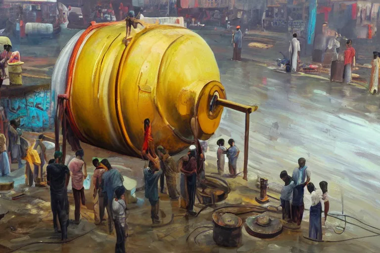 Prompt: an oil painting of a fuel tank being worshipped my millions in Dhaka city, concept art