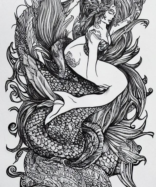 Prompt: tattoo design illustration, black ink on white paper, beautiful mermaid, full body