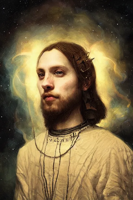 Prompt: a portrait of john of the black bands, soft painting, constellations and nebulae in the background, rembrandt style, elegant, highly detailed, concept art, sharp focus, art by tom bagshaw, casimir art, kelogsloops and greg rutkowski