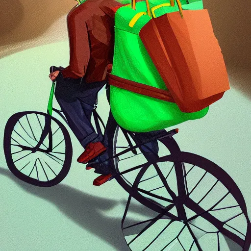 Prompt: a uber eats delivery guy with a green bag on his back, peddling his bicycle, 30mm, by Noah Bradley trending on ArtStation, deviantart, high detail, stylized portrait