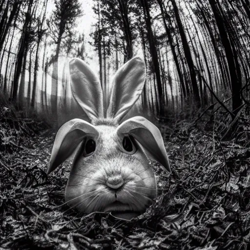 Image similar to fish eye footage of a death rabbit with human face in the forest, black and white night