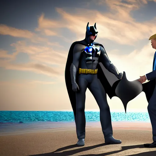 Image similar to 3 d render of batman and donald trump shaking hands on a sunny beach, 8 k, very intricate, very detailed,