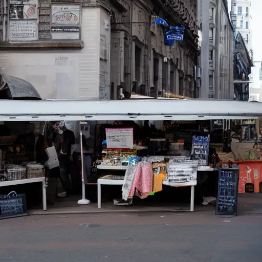 Image similar to a photo of a futuristic market stall at a street corner from the film'minority report'taken from a distance, dslr