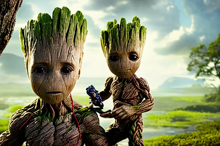 Image similar to an ultra realistic, cinematic headshot portrait, of baby groot, eating a whole banana, background of a vast serene landscape, with trees and rivers, detailed, deep focus, movie still, dramatic lighting, ray tracing, by michal karcz and yoshitaka amano