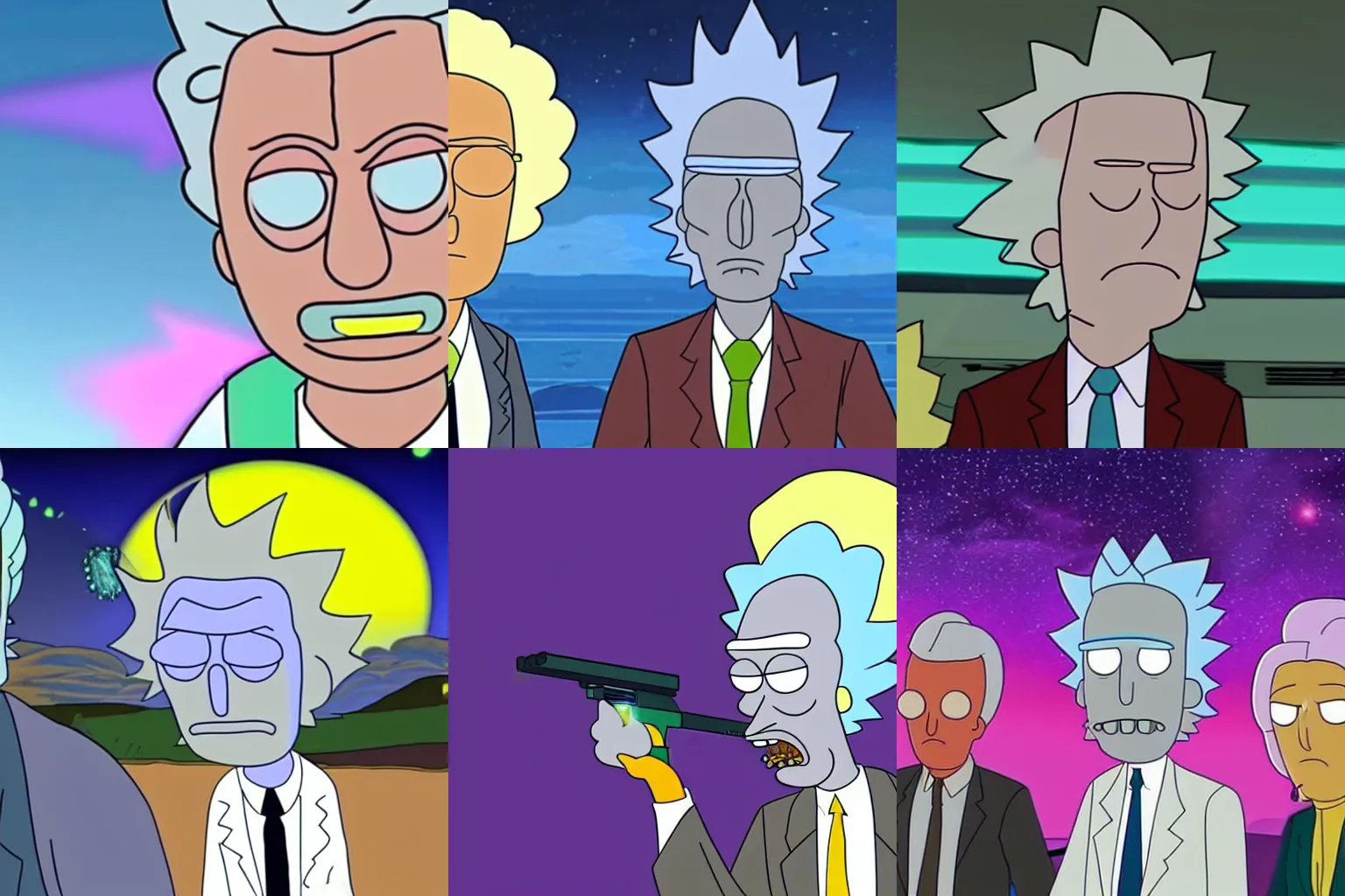 Prompt: geert wilders as a rick & morty character shooting lasers at women wearing headscarves