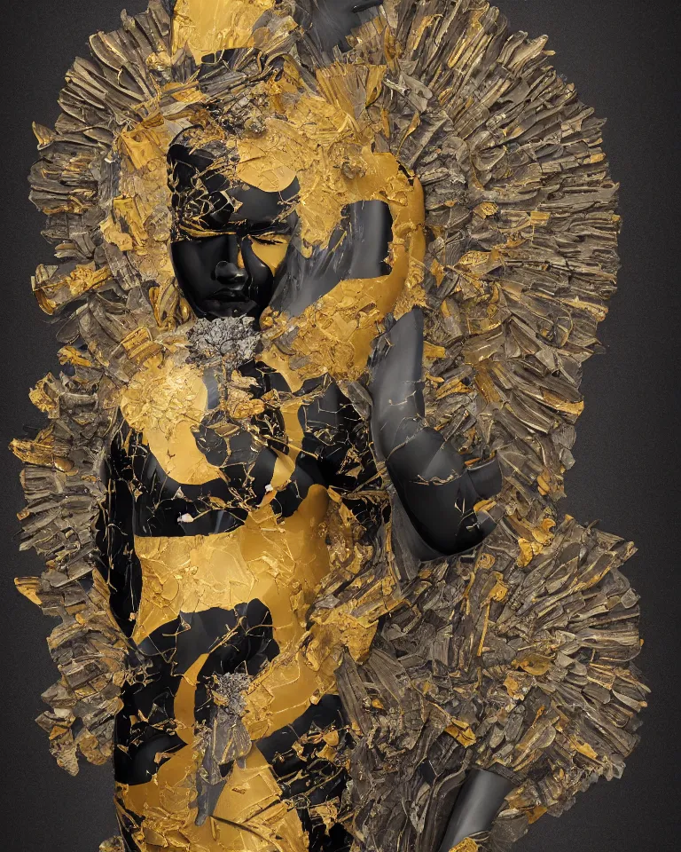 Prompt: symmetrical painting of a fractured obsidian statue of an east - asian goddess with helianthus and tropaeolum fixed with silver and kintsugi, rendered in octane trending on cgsociety. extremely detailed and intricate art