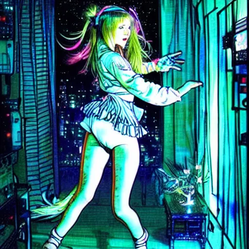 Image similar to cute girl wearing a white girl dancing joyfully in her bedroom at night, cyberpunk lighting, illustrated by ayami kojima