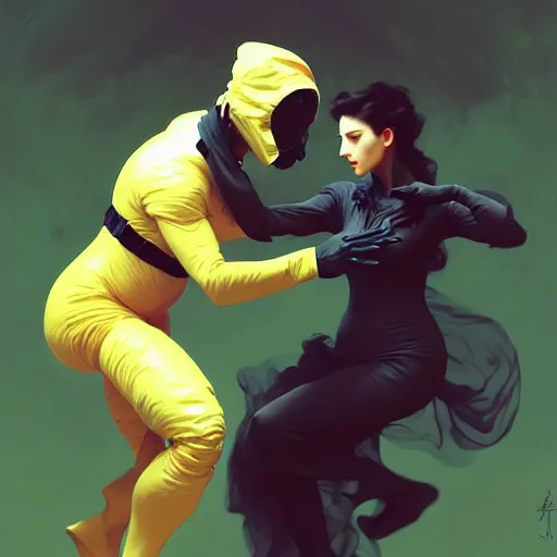 Image similar to character concept portrait of a man in a hazmat suit and a voluminous woman both dancing, intricate, elegant, digital painting, concept art, smooth, sharp focus, illustration, from metal gear, by ruan jia and mandy jurgens and william - adolphe bouguereau, artgerm