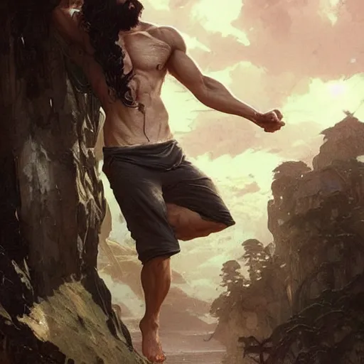 Image similar to a chad with wavy black hair and a beard. muscular. godlike. tank top. using a computer., picture by greg rutkowski, dynamic pose, intricate, futuristic, fantasy, elegant, by stanley artgerm lau, greg rutkowski, thomas kindkade, alphonse mucha, loish, norman rockwell,