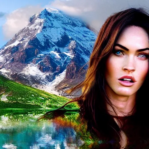 Image similar to double - exposure effect of megan fox face and beautiful mountains, in the style of dan mountford, amazing detail