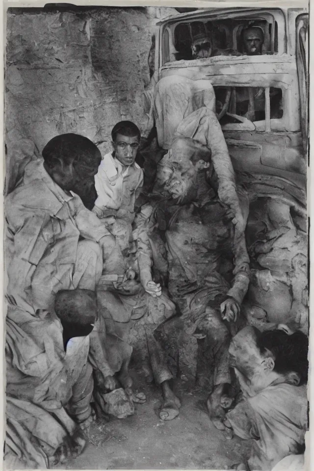 Prompt: a photograph by Ralph Eugene Meatyard of the Abu Graihb prisoner photograph