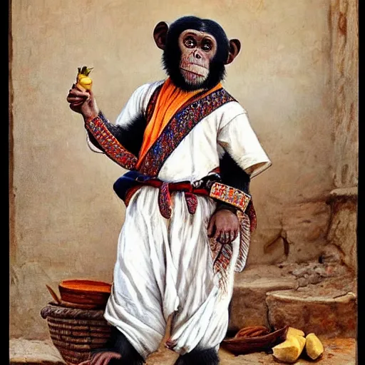 Prompt: beautiful painting by sophie anderson of a chimpanzee wearing traditional men kurdish clothes shalvar baggy pants and white shirt with a large sash tied around the waist in a kurdish village, award winning art, insanely detailed, bright colors, global illumination, cute, young, stunning