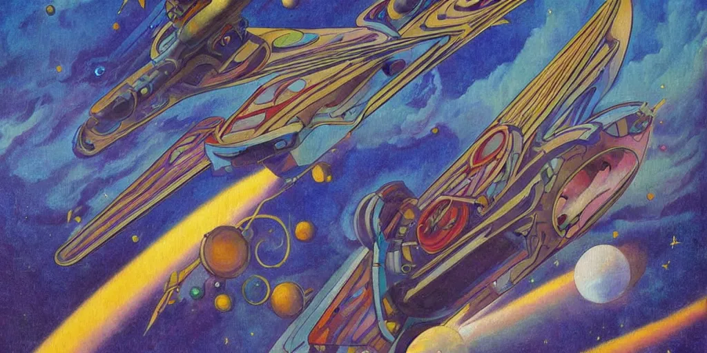 Prompt: Art Nouveau painting of a starship flying in space