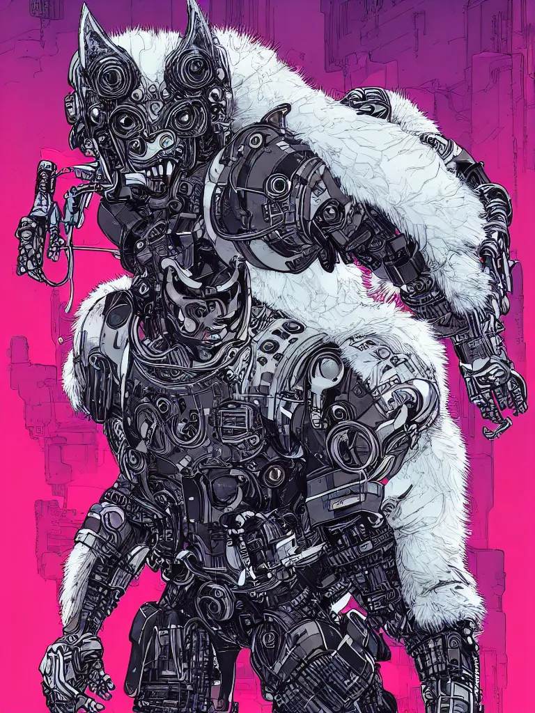 Prompt: portrait of a cybernetic werewolf warrior with white fur and silver fangs wearing black power armor, cyberpunk concept art by josan gonzales and moebius and enki bilal and and dan mumford and