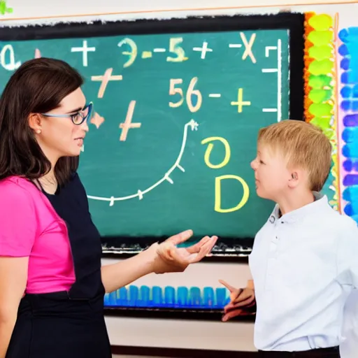 Image similar to realistic photo of a teacher explaining maths to elementary school students