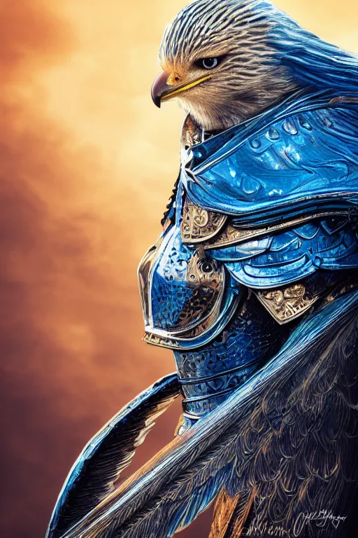 Image similar to realistic detailed photo of ladyhawke, soaring through the sky, blue eyes, woven armour with , intricate complexity, Behance, golden ratio, fibanci background, vray, rich deep colors