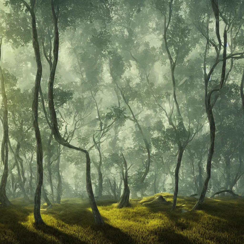 Image similar to abstract landscape formed by rounded organic shapes, geometric shapes emerge forming a forest, beautiful natural light, render, octane