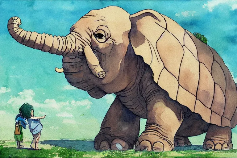 Prompt: giant elephant turtle, painting, watercolor, concept art, studio ghibli, by hayao miyazaki