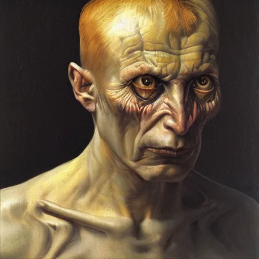 Image similar to a demonic eagle-eyed devil Jan Van eyck lucian freud odd nerdrum dragan bibin john steuart curry