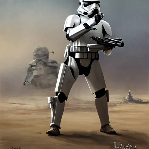 Image similar to an extremely long shot of an imperial stormtrooper in battle position ready to shoot his blaster concept art by Doug Chiang cinematic, realistic painting, high definition, very detailed, extremely high detail, photo realistic, concept art, the Mandalorian concept art style