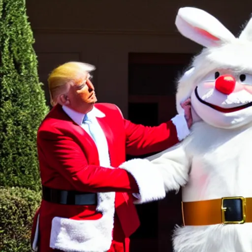 Prompt: photo of Donald Trump wearing a Santa Claus outfit getting in a fist fight with the Easter Bunny, 4k