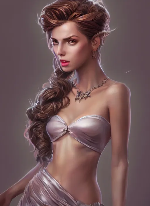 Image similar to beautiful fashion goddness, strapless dress, character portrait in the style of thomas river and artgerm, wlop, cinematic lighting, hyperdetailed, 8 k realistic, symmetrical, global illumination, radiant light, halo, love and mercy, frostbite 3 engine, cryengine, dof, trending on artstation, digital art, chanel