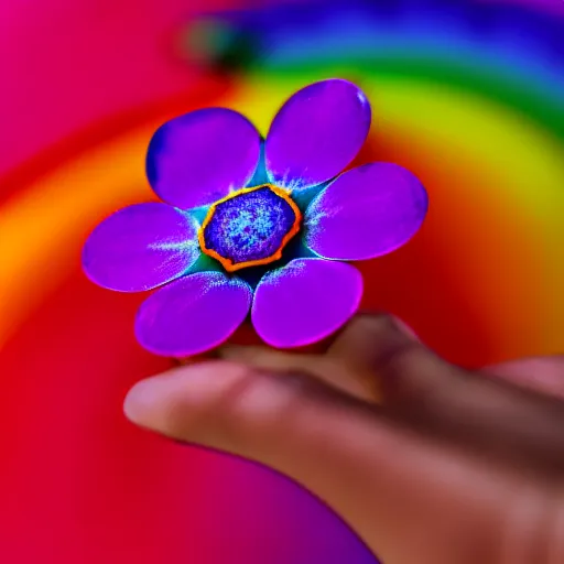 Image similar to closeup photo of rainbow - colored flower with 7 petals, held by hand, shallow depth of field, cinematic, 8 0 mm, f 1. 8