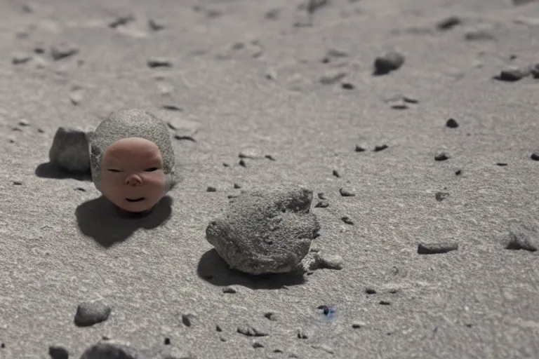 Image similar to vfx movie scene closeup adorable curios tiny little baby alien creature in moon desert eating a rock. by emmanuel lubezki