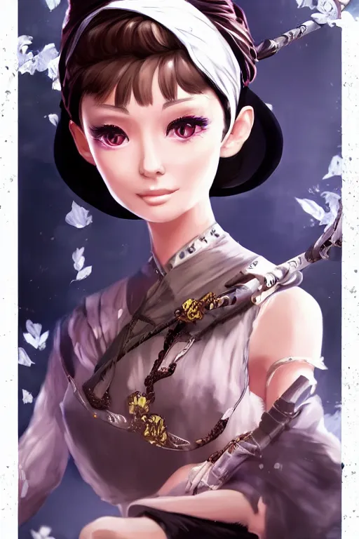 Image similar to Audrey Hepburn in a blade and soul spinoff artbook rendered by the artist Hyung tae Kim and Tin Brian Nguyen, trending on Artstation by Hyung tae Kim, artbook, Taran Fiddler and Tin Brian Nguyen