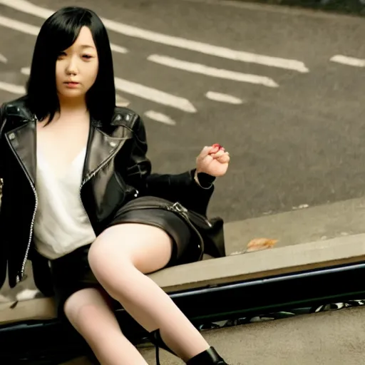 Image similar to a dynamic, epic cinematic 8K HD movie shot of a japanese young J-Pop idol girl wearing leather jacket, miniskirt, nylon tights and high heels boots. Motion, VFX, Inspirational arthouse