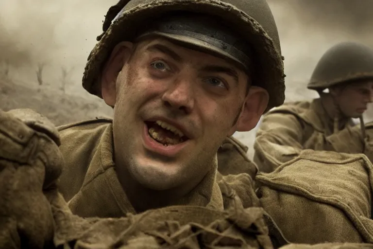 Image similar to jay baruchel as world war 1 soldier in the trenches, bullets whizzing past, cinematic lighting, high contrast, 4 k hdr imax cinematography by roger deakins, award winning shot, beautiful composition, principal photography, vfx action shot