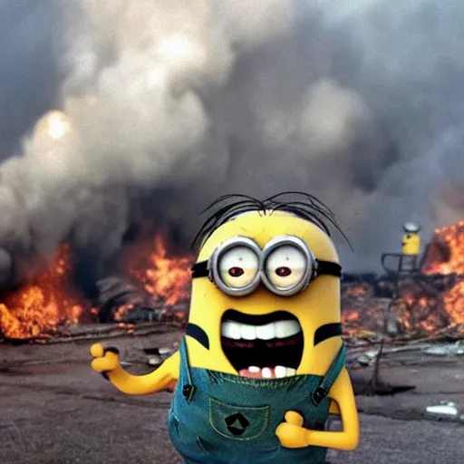 Image similar to minions characters at the hindenburg disaster.