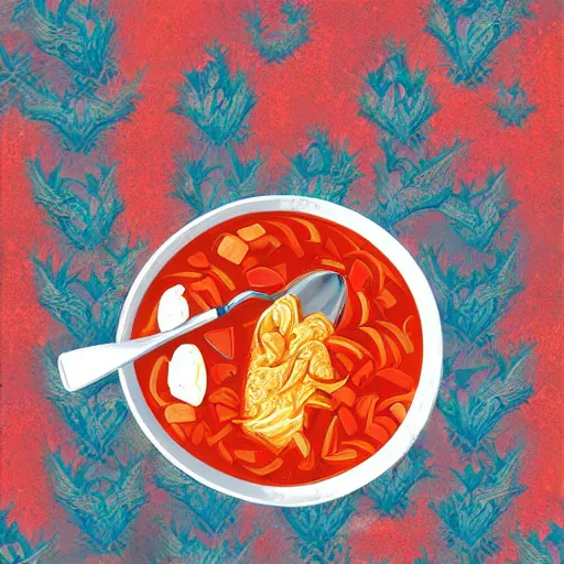 Image similar to Dragon eating russian borsch soup on the Red Square, digital art