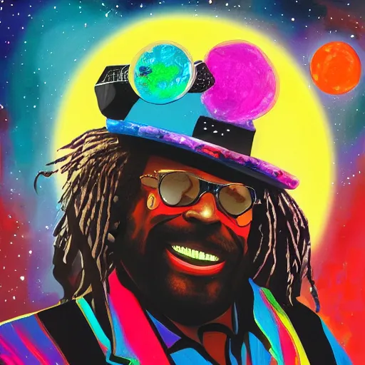 Image similar to a messy painting. George Clinton in space. Sci Fi colours. Trending on Artstation.