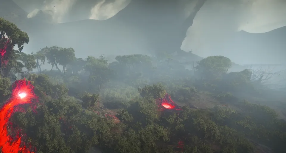 Image similar to a volcano made of ivory vines and crimson rocks enters in eruption, it spits a smoke in the shape of demonic eye, with CRYENGINE