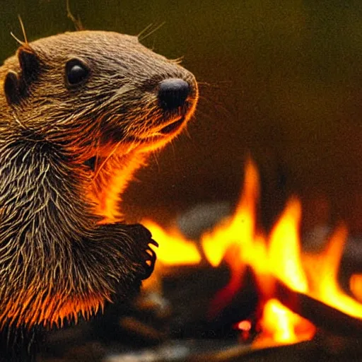 Prompt: beaver being roasted over a fire, photograph