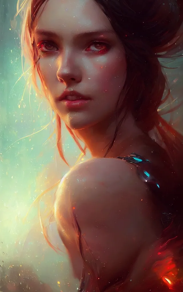 Image similar to beautiful girl portrait by greg rutkowski and charlie bowater, vivid, artgerm, aesthetic, fine details, colorful swirls, gaudy colors, luminescent, organic matte painting, realistic eyes, masterpiece, busy background, bokeh, depth of field