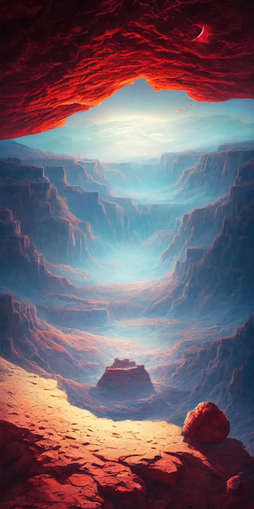 Prompt: Detailed landscape of moon crater, grand canyon, red rising planet, floating rocks, nebula sky, stunning atmosphere, in Style of Peter Mohrbacher, cinematic lighting