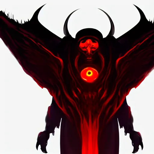 Prompt: dark lord looking into the camera, red glowing eyes, wearing black robe, white background, artstation