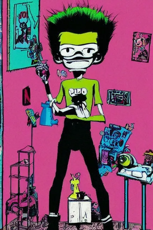 Image similar to a skinny goth guy standing in a cluttered 9 0 s bedroom by jamie hewlett, jamie hewlett art, full body character concept art, vaporwave colors, aesthetic!!,